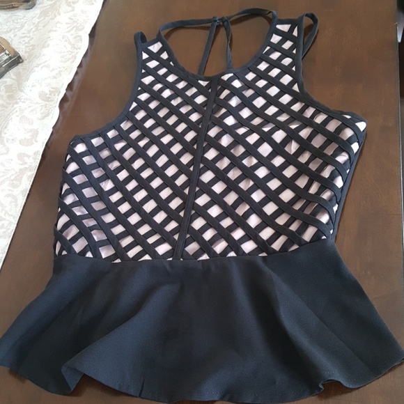 Foreign Exchange Tops - Black & blush pink peplum blouse